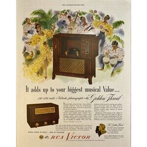 RCA Victor AM & FM Radio-Victrola Phonograph + "the Golden Throat " Print Ad '49